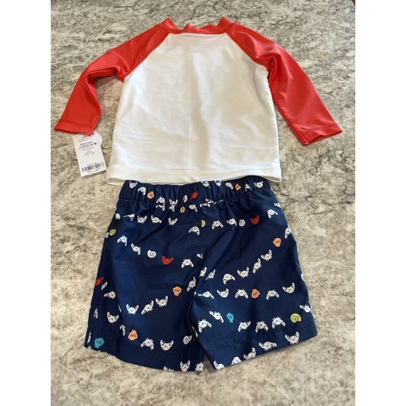 New 9 Months Carter's Boys  CRAB Rash Guard Swim trunks Shorts 2 pc Set UPF 50+ - Picture 2 of 3